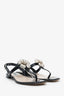 Prada Black Patent Leather Floral Applique T-Strap Sandals Size 39.5
