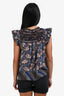 Ulla Johnson Brown/Blue Printed Cotton Blend Ruffled Shoulder Top Size 4