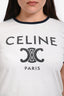Celine White/Navy Trim Detail Logo Printed Short Sleeve T-shirt Size L