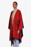 Loewe Red/Navy Wool Cashmere Leather Trim Anagram Fringe Poncho