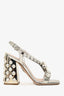 Miu Miu Silver Leather Crystal Embellished Block Heel Sandal Size 35.5