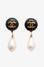 Pre-loved Chanel™ 94A Gold Tone Black Resin Pearl CC Dangle Clip-on Earrings