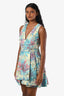 Alice and Olivia Turquoise Jacquard Floral Pleated Mini Dress Size 4