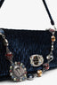 Miu Miu Navy Velvet Matelasse Crystal Flap Shoulder Bag With Strap