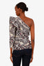 Isabel Marant Etoile Navy/Tan Patterned One Shoulder Ruffle Blouse Size 36