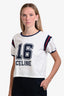 Celine White/Navy/Red Logo Printed Short Sleeve T-shirt Size L