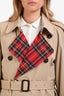 Burberry London Tan Twill Cotton Wool Check Lined Belted Trench Coat Size 50 Men's