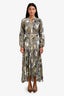 Veronica Beard Green/White Paisley Print Linen Ruffled Belted Midi Dress Size 2