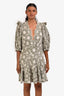 Sandro Green/Cream Cotton Floral Embroidered Puff Shoulder 'Audrey' Mini Dress Size 40