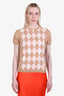 Burberry Beige/Pink/Coral Cotton Argyle Front Striped Back Short Sleeve Sweater Size L