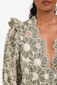 Sandro Green/Cream Cotton Floral Embroidered Puff Shoulder 'Audrey' Mini Dress Size 40