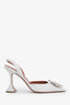 Amina Muaddi White Leather Crystal Embellished Begum Sling Heels Size 37.5