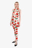 Saint Laurent White Red Rose Print Crossover Halter Catsuit Size T1
