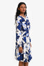 Oscar de la Renta White/Blue Floral Silk Long Sleeve Mini Dress Size 2