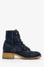 Pre-loved Chanel™ Blue Denim Interlocking CC Logo Combat Boots Size 38.5