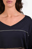 Brunello Cucinelli Navy Bead Embroidered V-Neck Sweater Size M