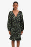 Sandro Black/Multicolour Satin Floral Ruched Long Sleeve Midi Dress Size 40