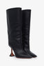 Amina Muaddi Black Leather Fiona Mid-Calf Heeled Boots Size 37.5