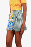Dolce & Gabbana White/Multicolour Cotton Floral Stripe High Waisted Mini Shorts Size 38