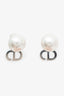 Christian Dior Silver Tone Faux Pearl Crystal Embellished Logo Tribales Stud Earrings