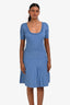 Sandro Blue Rib Knit Pleated Beaded Skirt Off Shoulder Mini Dress Size 38
