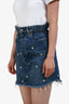 Miu Miu Blue Denim Crystal Embellished Floral Logo Mini Skirt Size 36