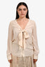 Frame Beige Silk Front Tie Raw Distress Long Sleeve Blouse Size S