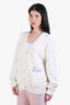 Christian Dior Cream/Blue Ribbed Knit Cotton V-Neck Button-Up 'Dior For My Real Friends' Cardigan Size L
