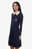Sandro Navy Blue/White Knit Collared Pearl Button 'S' Logo Dress Size 38