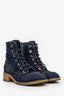 Pre-loved Chanel™ Blue Denim Interlocking CC Logo Combat Boots Size 38.5