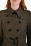 Burberry Green Trench Coat with Black Leather Trim Size 6