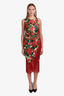 Dolce & Gabbana 2019 Red/Green Geranium Silk Fringe Midi Dress Size 44