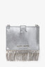 Miu Miu Silver Metallic Leather Crystal Embellished Fringe Card Hold with Chain