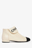 Pre-loved Chanel™ White/Black Leather Logo Cap Toe Ankle Boots Size 36