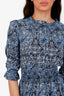 Maje Blue/White Patterned Cinched Waist Ruffle Neck Mini Dress Size 34