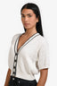 Brunello Cucinelli White Cotton Cable Knit Three-Quarter Sleeve Beaded Buttoned Sweater Size XXS