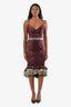 Roberto Cavalli Burgundy Silk Leopard Ruffle Bustier Dress Size 46