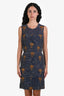 Balenciaga Navy Silk Blend Textured Floral Embroidered Sleeveless Midi Dress Size 40