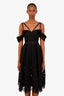 Self-Portrait Black Lace Trim Draped Shoulder Midi Dress Size 2