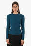 Balenciaga Teal Logo Ribbed Knit Long Sleeve Top Size 36