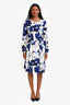 Oscar de la Renta White/Blue Floral Silk Long Sleeve Mini Dress Size 2