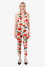 Saint Laurent White Red Rose Print Crossover Halter Catsuit Size T1