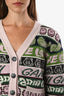 Ganni Cream/Green Wool Blend All Over Logo Graphic Button Down Cardigan Size M