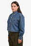 Celine Blue Denim Logo Embroidered Long Sleeve Cropped Button Up Shirt Size L