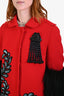 Andrew Gn Red/Black Sequin Lamb Fur Cuff Coat with Brooch