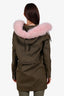 Moose Knuckle Green Cotton Pink Fur Hood Mid Length Jacket Size S
