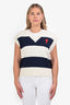Ami White/Navy Cotton Knit Striped Logo Sweater Vest Size S with Tags