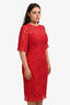 Dolce & Gabbana Red Lace Silk 3/4 Sleeve Midi Dress with Slip Size 42