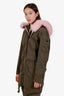 Moose Knuckle Green Cotton Pink Fur Hood Mid Length Jacket Size S