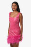 Nadine Merabi Pink Sequin Beaded Feather Trim Asymmetrical Mini Dress Size Small